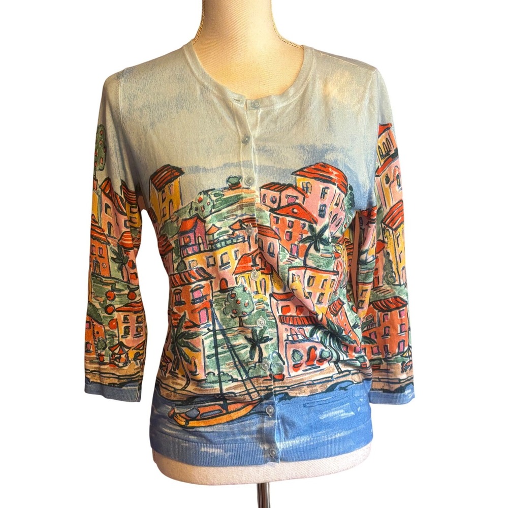 Talbots Scenic Coastal Village Novelty Print Cardigan, blue, medium, coastal